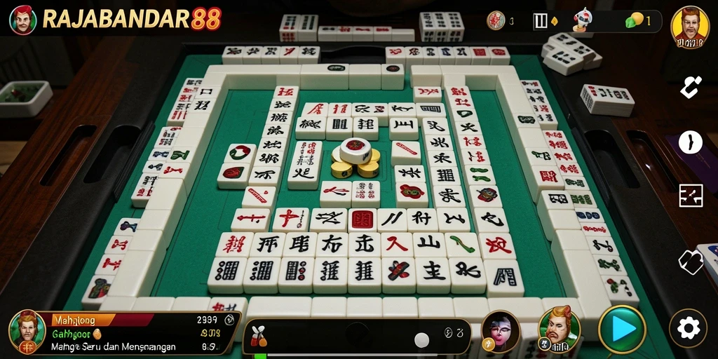 Tampilan gameplay seru dalam RAJABANDAR88 dengan ubin Mahjong berwarna-warni.