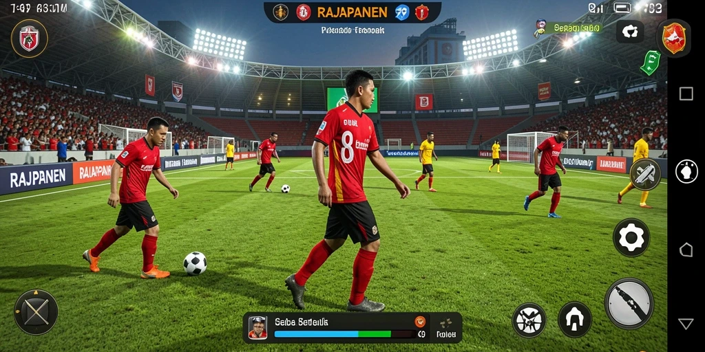 Tangkapan layar utama RAJAPANEN menunjukkan aksi mendebarkan di lapangan sepak bola.