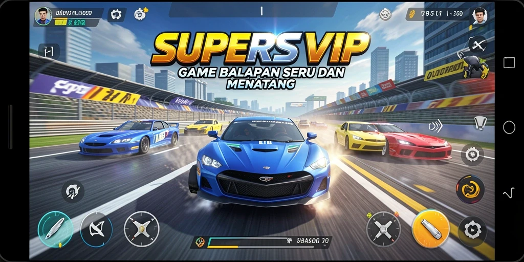 Gameplay balapan SUPERSVIP dengan mobil dan trek menantang.